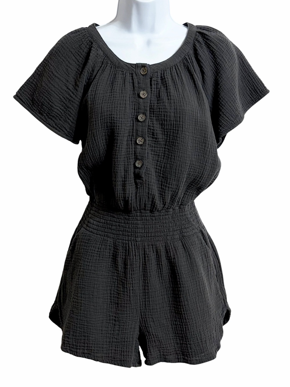 Marine Layer Black Gauze Romper with Button Front